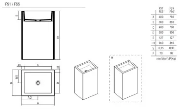Hidrobox Standwaschtisch FS5, Ablauf sichtbar, ohne Armaturen Lochung, bei KORI Handel