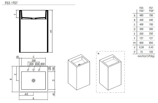 Hidrobox Standwaschtisch FS3, Ablauf sichtbar, mit Armaturen Lochung, bei KORI Handel